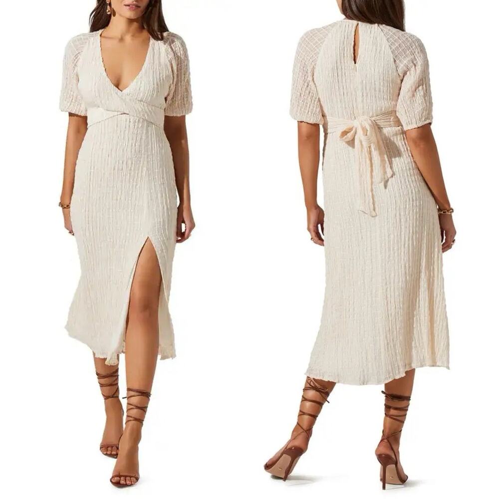 ASTR The Label Crossover Bust Midi Dress Womens M Textured Cutout Cream